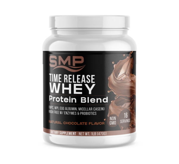 Time Release Whey Protein Blend 1 Lb (458.368 g) Bottle (WPC, WPI, Egg Albumin, Micellar Casein) rBGH Free W/ Enzymes & Probiotics – Natural Chocolate Flavor – Non-GMO