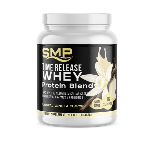 Time Release Whey Protein Blend 1 Lb Bottle (458.368 g) (WPC, WPI, Egg Albumin, Micellar Casein) rBGH Free W/ Enzymes & Probiotics – Natural Vanilla Flavor – Non-GMO