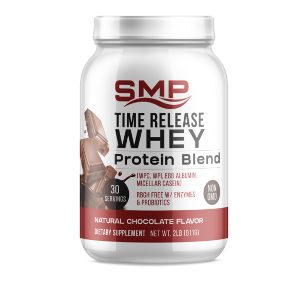 Time Release Whey Protein Blend 2 Lb (911.4 g) Bottle (WPC, WPI, Egg Albumin, Micellar Casein) rBGH Free W/ Enzymes & Probiotics – Natural Chocolate Flavor – Non-GMO