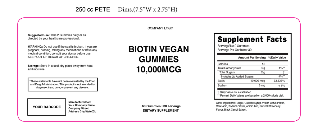 Biotin Strawberry Gummies 250Cc Pete Blank Label Template