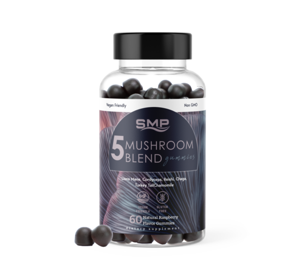 5 Mushroom Blend Gummy – Lions Mane, Cordyceps, Reishi, Chaga, Turkey Tail – Natural Raspberry Flavor  – Gluten Free - Non-GMO – Vegan Friendly