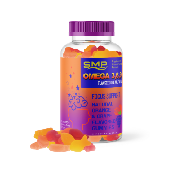 Kids Omega 3,6,9 Gummies-Teen & Child Focus Support-Flaxseed Oil W/ ALA-Natural Orange & Grape Flavor & Color