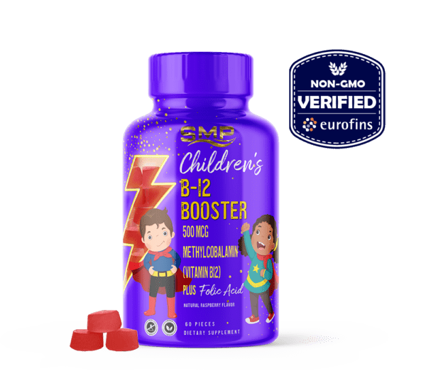 Kids B-12 Booster Gummies W/ 500mcg Methylcobalamin (Vitamin B12) + Folic Acid - Natural Raspberry Flavor