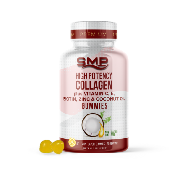 High Potency Collagen Gummies + Vitamin C, E, Biotin Zinc, & Coconut Oil – Tapioca Base – Natural Lemon Flavor & Colors – Gum Drop Shape- 2.5g