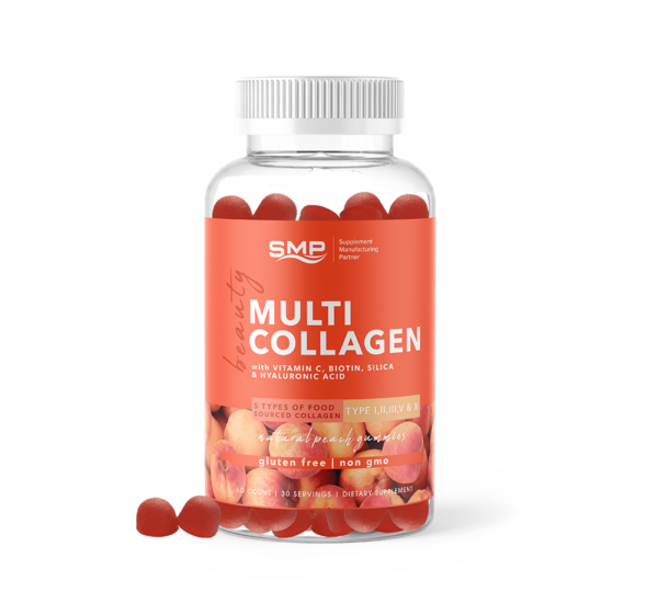 Beauty Multi Collagen Gummies + Vitamin C, Biotin, Silica & Hyaluronic Acid ! – Natural Peach Flavor – Gluten Free - Non-GMO