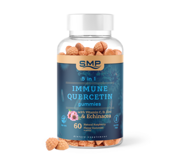 5 In 1 Immune Quercetin Gummy + Vitamin C, D, Echinacea & Zinc – Natural Raspberry Flavor – Gluten Free – Non-GMO – Vegetarian Friendly