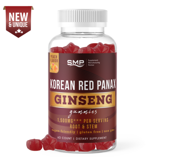 1,500mg Korean Red Panax Ginseng Root & Stem Gummy - Natural Peach Flavor - Gluten Free 