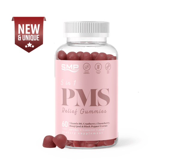 5 In 1 PMS Relief Gummy - Vitamin B6, Cranberry, Chasteberry, Black Pepper & Dong Quai - Natural Strawberry Flavor
