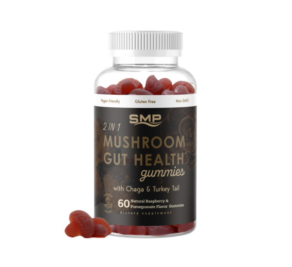 2 In 1 Mushroom Gut Health Gummies w/ Chaga & Turkey Tail – Natural Raspberry Pomegranate Flavor – Gluten Free – Non-GMO – Vegan Friendly