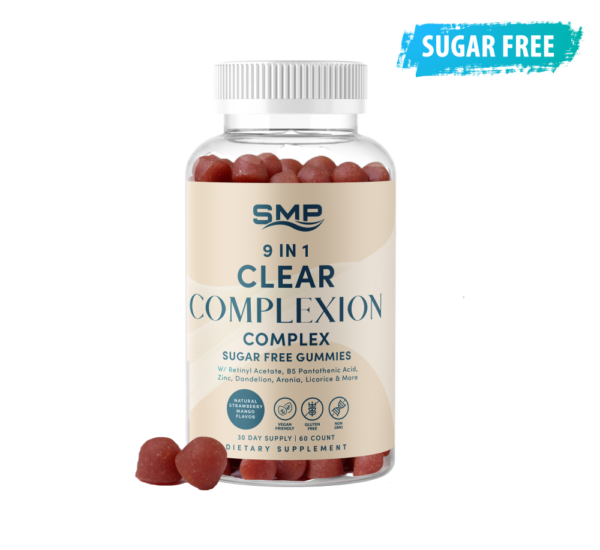 9 In 1 Sugar Free Clear Complexion Complex W/ Retinyl Acetate, B5 Pantothenic Acid, Zinc, Dandelion, Aronia, Licorice & More ! Natural Strawberry Mango 