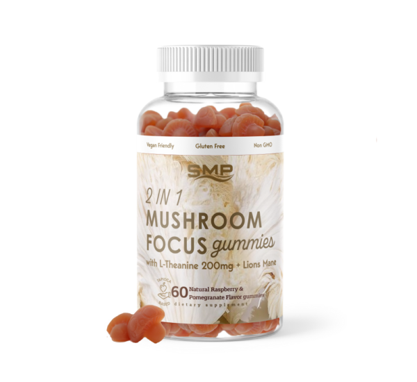 2 In 1 Mushroom Focus (2.5 g) Gummies w/ L-Theanine 200mg + Lions Mane - Natural Raspberry Pomegranate Flavor 