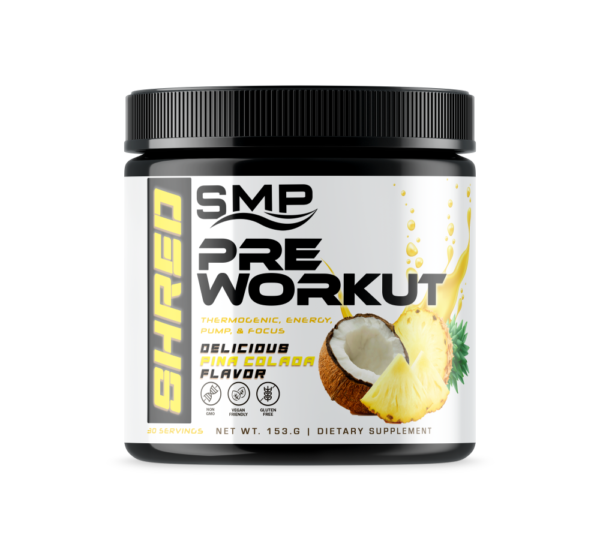 Shred Pre Workout Powder 165 g – Thermogenic, Energy, Pump, & Focus – Delicious Pina Colada Flavor – 30 Servings - Non-GMO – Gluten-Free – Vegan Friendly