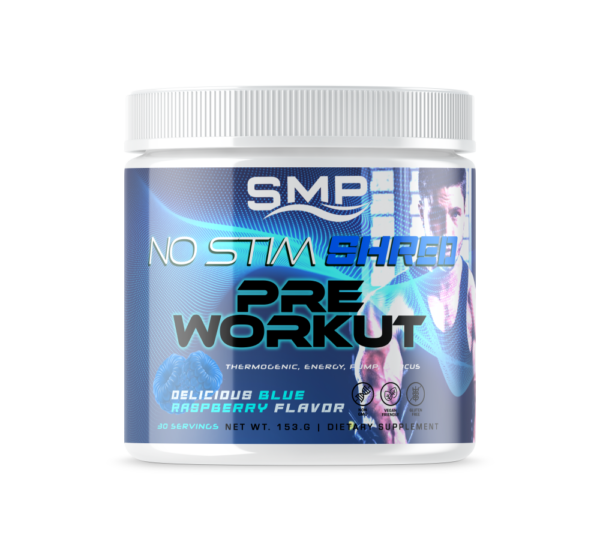 Non-Stim Shred Pre Workout Powder 168 g– Thermogenic, Energy, Pump, & Focus – Delicious Blue Raspberry Flavor – 30 Servings - Non-GMO – Gluten-Free – Vegan Friendly