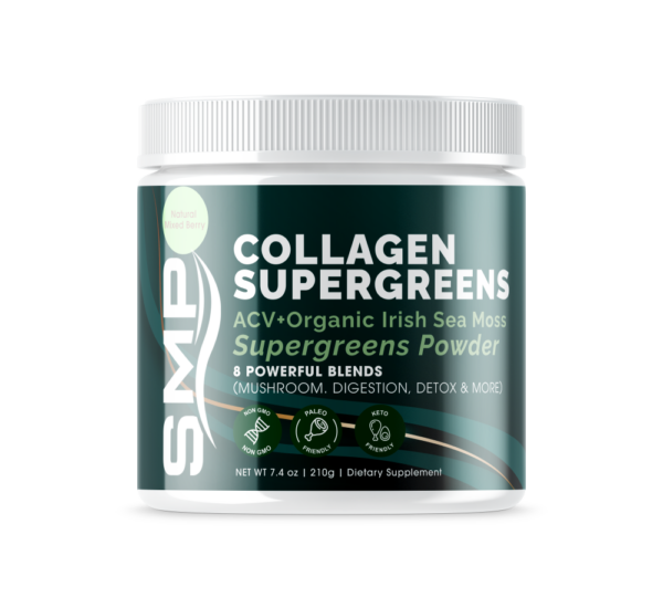 Collagen Super Greens ACV + Organic Irish Sea Moss Green Superfood Powder 210 g W/ 8 Powerful Blends (Mushrooms, Digestion, Detox & More) – Premium Quality Protein - Natural Mixed Berry Tea Flavor – Non-GMO – Gluten Free