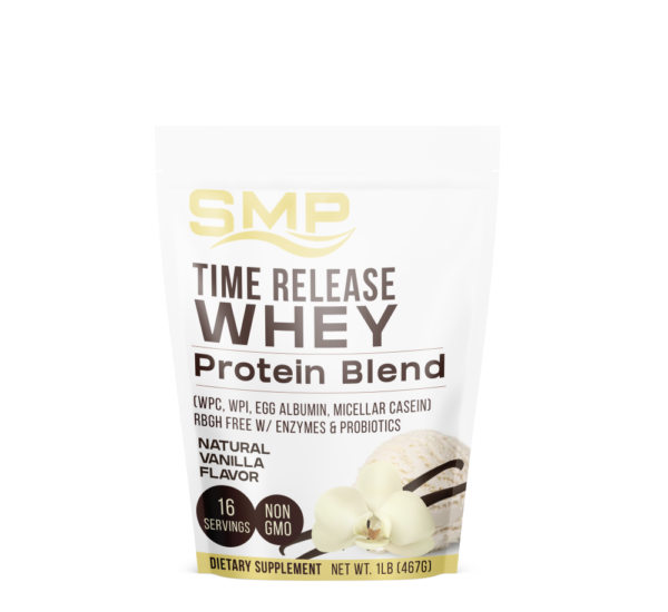 Time Release Whey Protein Blend 1Lb Bag (WPC, WPI, Egg Albumin, Micellar Casein) rBGH Free W/ Enzymes & Probiotics – Natural Vanilla Flavor – Non-GMO