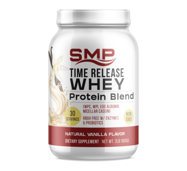 Time Release Whey Protein Blend 2 Lb (905.2 g) Bottle (WPC, WPI, Egg Albumin, Micellar Casein) rBGH Free W/ Enzymes & Probiotics – Natural Vanilla Flavor – Non-GMO