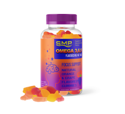 [GUM100553] Kids Omega 3,6,9 Gummies-Teen & Child Focus Support-Flaxseed Oil W/ ALA-Natural Orange & Grape Flavor & Color