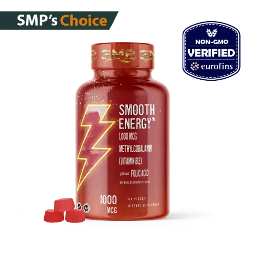 [GUM100591] Smooth Energy Gummies W/ 1,000mcg Methylcobalamin (Vitamin B12) + Folic Acid – Natural Raspberry Flavor – Gelatin-Free Adults & Kids – Vegan-Friendly