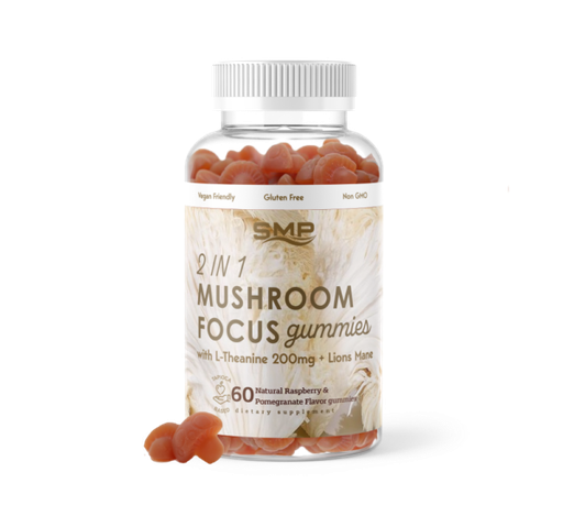 [GUM101443] 2 In 1 Mushroom Focus (2.5 g) Gummies w/ L-Theanine 200mg + Lions Mane - Natural Raspberry Pomegranate Flavor 
