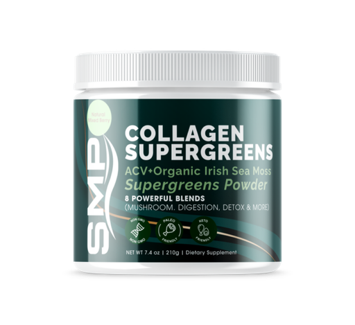 [POW101376] Collagen Super Greens ACV + Organic Irish Sea Moss Green Superfood Powder 210 g W/ 8 Powerful Blends (Mushrooms, Digestion, Detox & More) – Premium Quality Protein - Natural Mixed Berry Tea Flavor – Non-GMO – Gluten Free