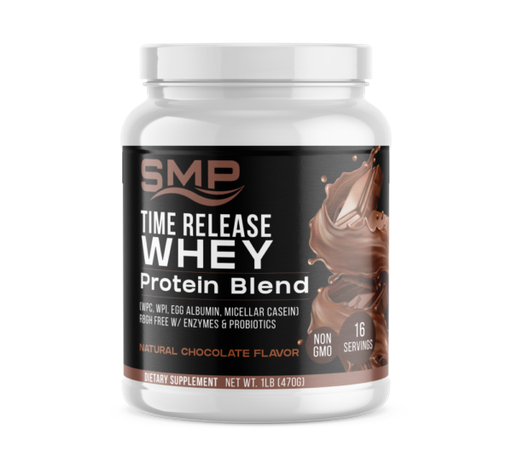 [POW101384] Time Release Whey Protein Blend 1 Lb (458.368 g) Bottle (WPC, WPI, Egg Albumin, Micellar Casein) rBGH Free W/ Enzymes & Probiotics – Natural Chocolate Flavor – Non-GMO