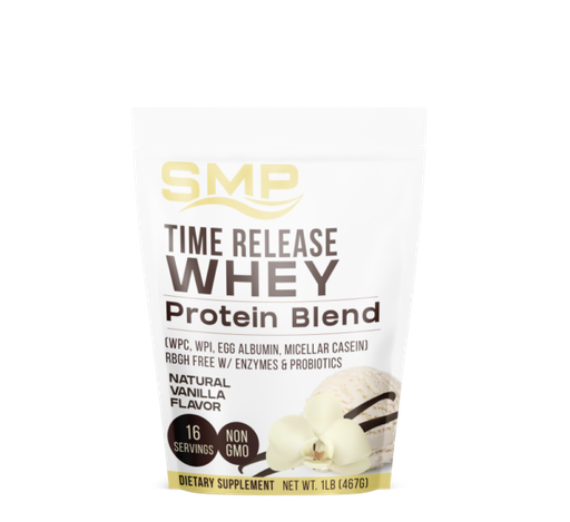 [POW101387] Time Release Whey Protein Blend 1Lb Bag (WPC, WPI, Egg Albumin, Micellar Casein) rBGH Free W/ Enzymes & Probiotics – Natural Vanilla Flavor – Non-GMO